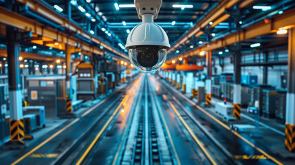 Fototapeta premium Close-up of a security camera in an industrial facility, monitoring the production area for safety and security purposes.