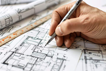 Detailed Hand Drawing Architectural Blueprints with Precision Tools in a Professional Setting
