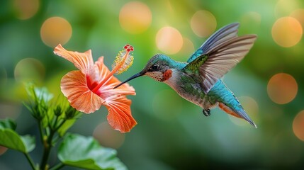 Obraz premium Garden Ballet, A Vibrant Hummingbird Dances Beside a Bright Red Hibiscus Flower, Their Motion Blur Enhanced by the Soft Bokeh of a Lush Green Garden, Nature's Choreography