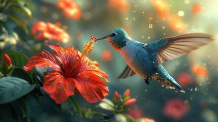 Fototapeta premium Nature's Ballet, Hummingbird Hovers by Hibiscus, Wings Blur, Soft Bokeh of Lush Garden Backdrop - Vivid Beauty in Harmony, Captured in Serene Setting. 