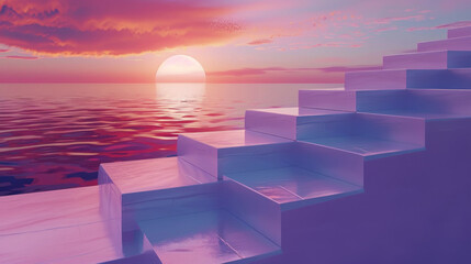 Fototapeta premium A painting depicting a vibrant sunset casting warm hues over the calm ocean waters, with the sun dipping below the horizon