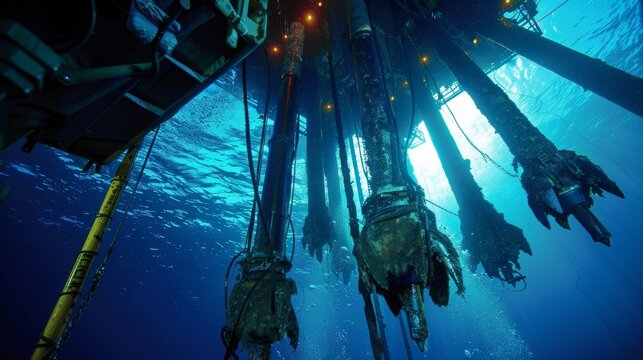 Massive drills protrude from the rig like giant metal claws trating deep into the ocean floor.