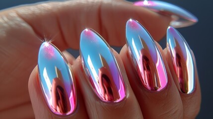 nail art inspiration, a close-up image of a hand with shiny chrome nails showcasing silver and pink shades, perfect for nail art inspiration banner