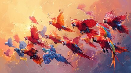  Sunset Sojourn, Vibrant Parrots Grace the Dusk Sky, Plumage Aglow Against Orange and Pink, Echoing the Dynamic Energy and Freedom of Nature's Flight. 