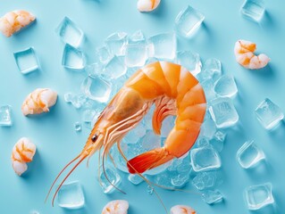 Fresh Seafood Concept with Shrimp on Ice Blue Background. For culinary presentations, restaurant menus, and food advertising.