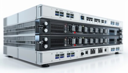 Three machines are stacked on top of each other on a white background