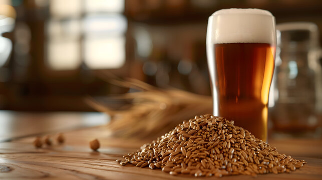 Gros plan sur du malt et une pinte de bi&egrave;re.