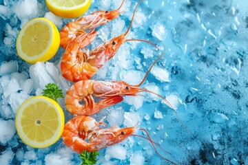 Fresh Shrimp and Lemon on Ice background with copy space for text - Perfect for Culinary Preparation, Seafood Restaurants, and Food Recipe
