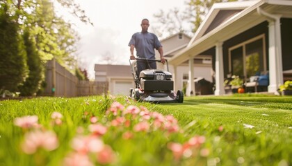 A man is cutting the grass in front of a house with a lawnmower