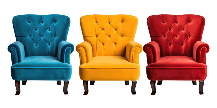 Set of red blue and yellow retro vantage armchairs single seat sofas isolated on a white transparent background