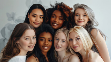 Fototapeta premium Close-up of multiethnic women of different ages with glowing skin, confidently smiling and looking happy. 