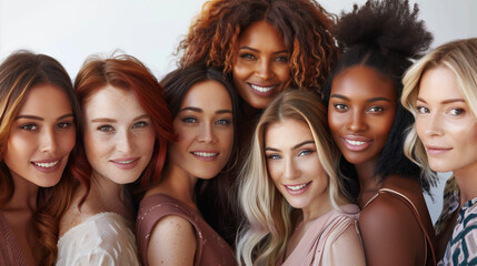 Fototapeta premium Close-up of multiethnic women of different ages with glowing skin, confidently smiling and looking happy. 
