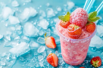 Refreshing Summer Strawberry Slushie with Frozen Berries and Ice Cubes. Strawberry slushie garnished with frozen strawberries and mint leaves, surrounded by scattered ice cubes, light blue background