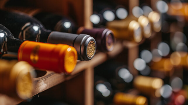 close-up of bottles of wine at a wine cellar