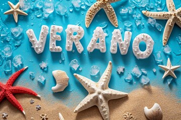 word verano means summer made from white corals, surrounded by starfishes with on beach background with ocean wave.