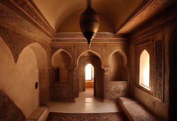 Fototapeta premium Interior of an old traditional Arabic house under strong sunlight with shades of wooden gutters, carved wooden doors and window grilles for ventilation.