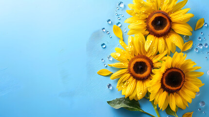 Three vibrant sunflowers, adorned with dewdrops, rest on a serene blue backdrop. Their golden petals radiate warmth and joy, evoking the essence of summer