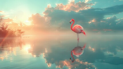 Tranquil Dawn Reverie, Witness the Majestic Flamboyance of a Flamingo in Turquoise Lake at Sunrise, Reflection Mirroring Grace, Pastel Sky Adding Dreamy Ambiance