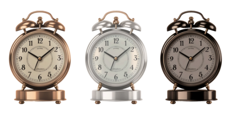 Set of retro vintage and modern stylish bedside alarm clocks and wall clocks isolated on a white transparent background