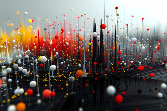 Abstract art, spheres and lines in striking shades of red, yellow, white, and black float effortlessly against the background, creating a surreal scene that defies the conventional laws of gravity