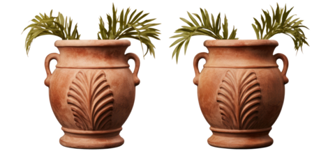 Set of two styles of Livingroom natural teak wood shelf with vases setup for interior home decoration isolated on a white transparent background