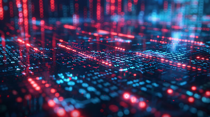 Futuristic Cityscape with Neon Lights and Digital Code Overlays in Cyberpunk Style