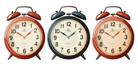 Set of retro vintage and modern stylish bedside alarm clocks and wall clocks isolated on a white transparent background