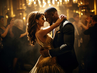 Couple in love dancing at a gala. The woman wears a golden dress while her lover, a black man, an elegant suit. They smile, hold tight, & look into each other&rsquo;s eyes, surrounded by glamorous people.
