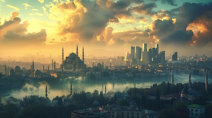 Naklejka premium A panoramic view of a city skyline dominated by onion domes