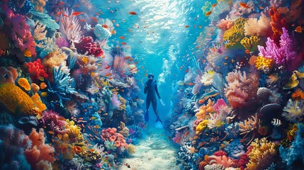 A person snorkeling in a vibrant coral reef teeming with marine life