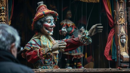 A puppeteer skillfully manipulating a marionette on a small stage