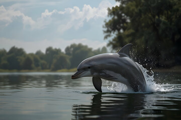 Obraz premium A dolphin gracefully leaping out of a calm lake, creating ripples on the water's surface ,dolphin jumping out of water,High illustration, 8k image 