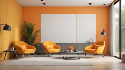 interior design of empty modern house and yellow lounge chair and orange wall texture background