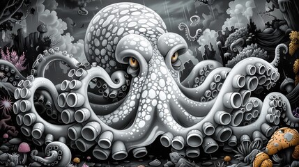 An octopus is sitting in a dark room with many other creatures, AI