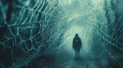 A visual of a person caught in a spider web of debt