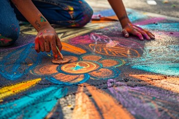 Close-up of street artist's hands drawing vibrant chalk art on pavement, featuring bright summer colors and intricate designs