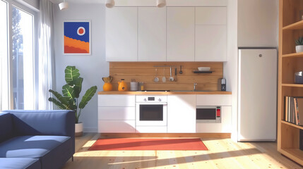 small apartment kitchen design minimalistic elements, illustration 