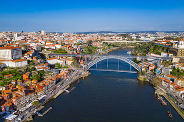 European city Porto with Luis I Bridge over Douro river in Portugal, aerial view
