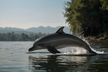 Fototapeta premium A dolphin gracefully leaping out of a calm lake, creating ripples on the water's surface, Highly Details, upscaled image, 8k 