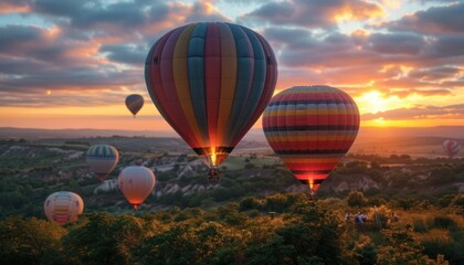 Obraz premium Hot air balloons drifting above forest during sunset