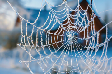  Intricate spider web covered in frost crystals, glistening in the morning sun against a winter blue sky. - Powered by Adobe