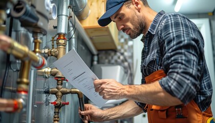 A plumber with a cap is fixing a pipe while referencing an engineering diagram