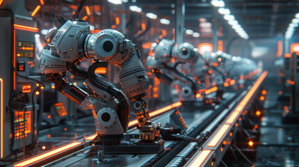 A row of advanced robotic arms assembling components in a high-tech, automated manufacturing factory illuminated with neon lights.