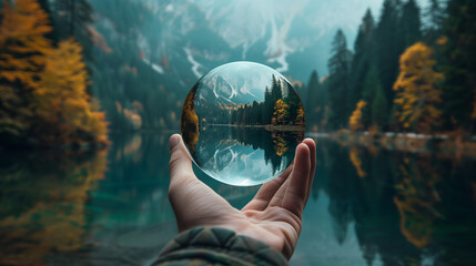Crystal clear reflections, mountain lake magic. Serene scene of a mountain lake , beautifully reflected through a clear crystal ball held by a hand.