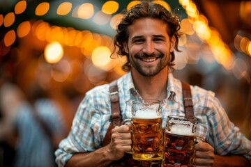 A man with curly hair and a plaid shirt smiling broadly while holding two large glasses of beer at a festive event. 