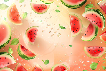 depiction of floating watermelon slices with bokeh and leaves