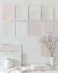 Fototapeta premium Blank pieces of paper on a wall in an office, Light and airy summer photography for social media faceless digital content marketing