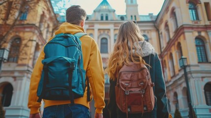 Obraz premium Rear view of two college classmates leaving the university together while talking.