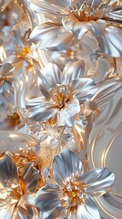 Elegant aesthetic abstract background with intricate floral motifs and delicate details, close up bright depiction of 3D white flora swirling in a futuristic setting with natural light.