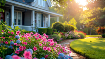 Fototapeta premium A cozy suburban home with a beautifully maintained flower garden, featuring colorful blooms and a welcoming front porch in sunlight.